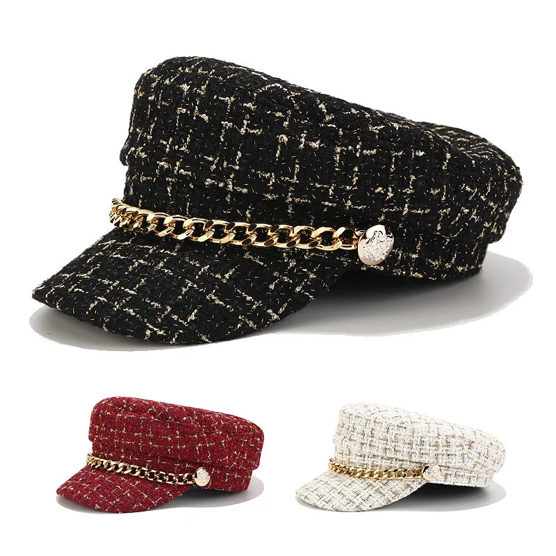 

Fashion Brand Hats For Womens Tweed Plaid Newsboy Caps Chain Flat Top Visor Cap Vintage Plaid Military Cap Female Winter Hat