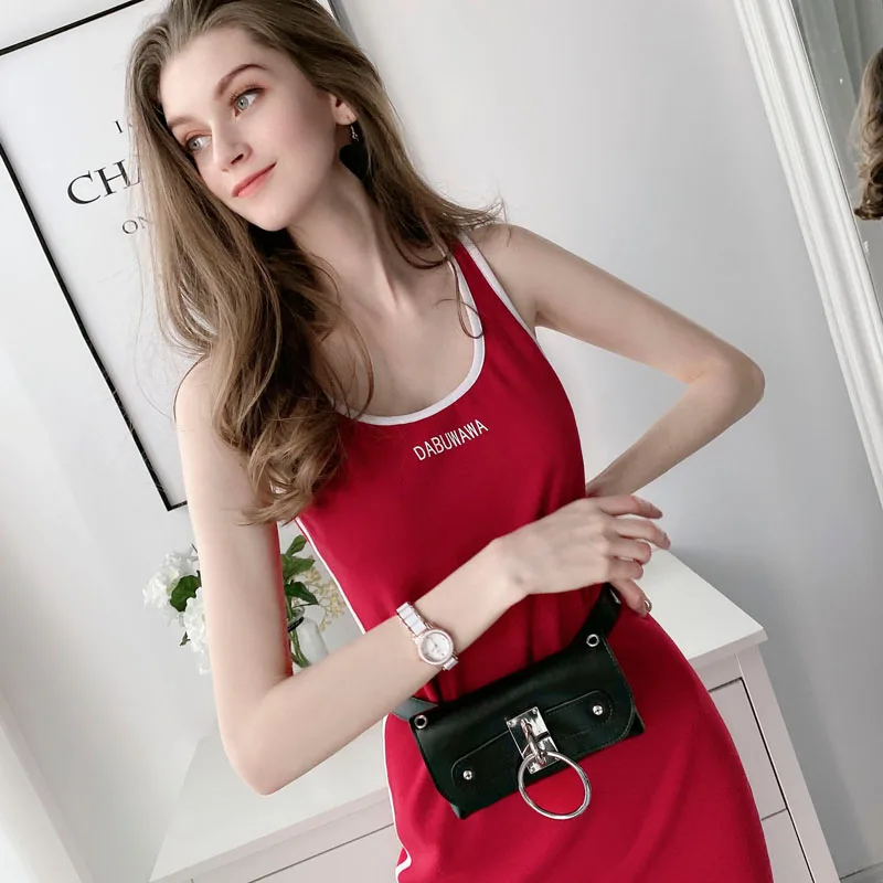 

Dabuwawa Split Detail Fitted Cami Dress Women Summer Solid Sleeveless Straps Fitted O-Neck Casual Long Dresses Female DT1BDR059