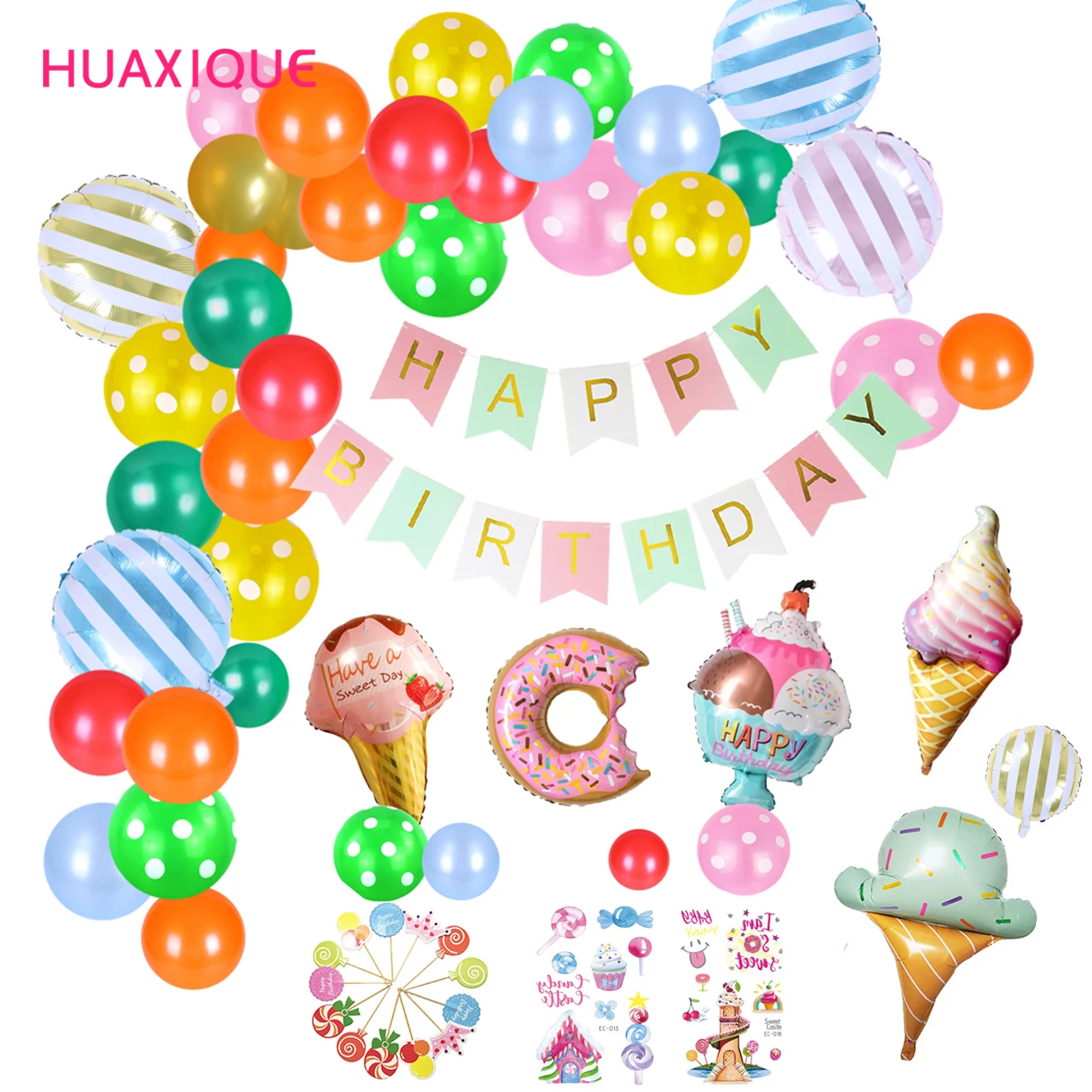 

Balloons Ice Cream Candy Birthday Party Decorations for Girl Kids Candyland Lollipop Party Supply Happy Birthday Banner