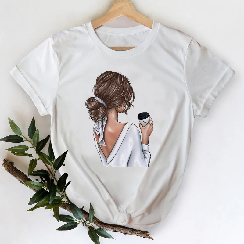 

T-shirts Women 2021 Coffee Clothing Sweet Girl 90s Cartoon Printing Clothes Graphic Tshirt Top Lady Print Female Tee T-Shirt