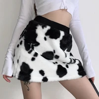 cute gothic mini skirt sweet girl furry cow print autumn spring black white high waist short skirt plush korean y2k streetwear