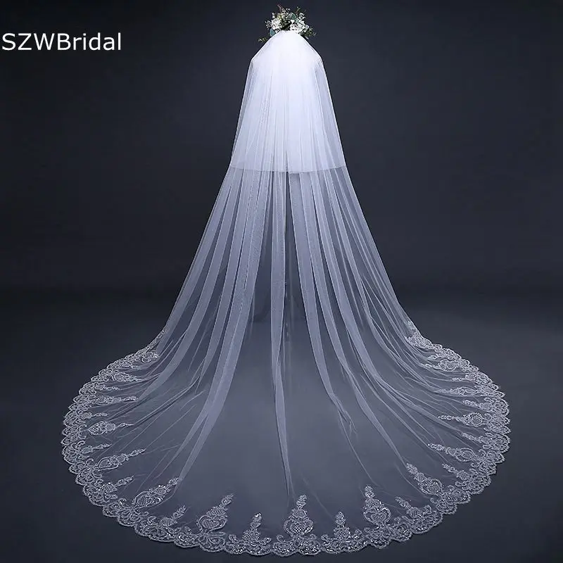 

New Arrival White Ivory Wedding veils Lace Applique Cathedral Bridal veil with Comb Two Layer Veu de noiva longo Schleier