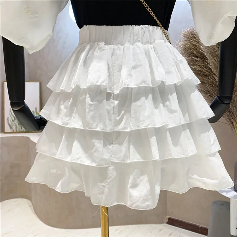 

2021 Fashion With Belt Layered Ruffle Skirt Women Vintage Solid Color High Waist Mini Skirt Summer faldas mujer