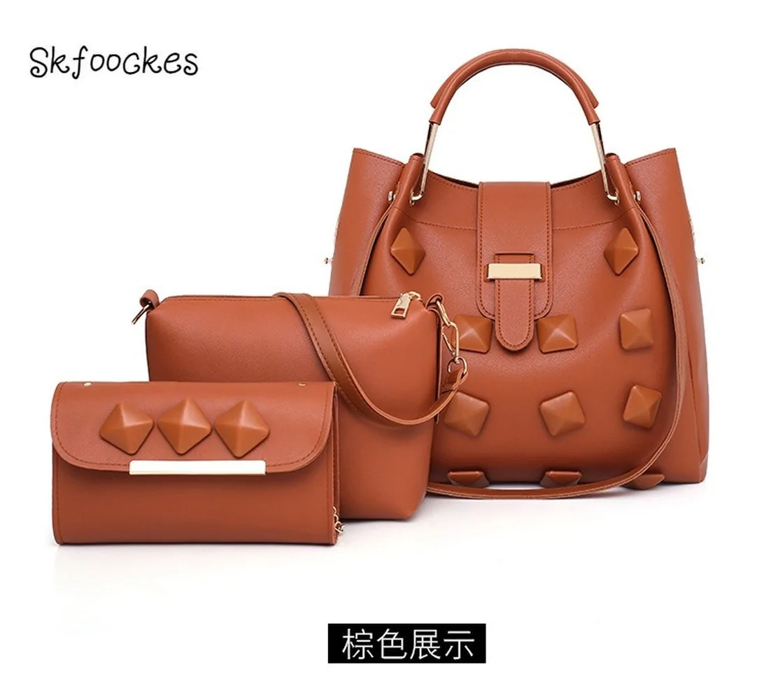 

Skfoockes 3 Pcs Women's Bag Autumn/winter 2020 New PU Leather Rivet Cover Bag Handbag Shoulder Bag Messenger Bag for Women