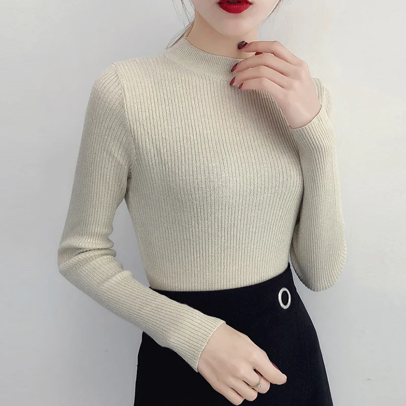 2022 Spring Winter Long Sleeve Sweater Women Shiny Pullover Basic Femme Turtleneck Korean Style Knit Tops 5042 |