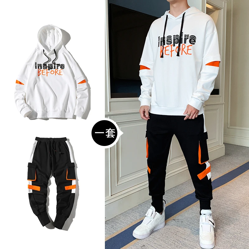 

Спортивный костюм мужской в стиле хип-хоп, свитшот с капюшоном и брюки, повседневный комплект спортивной одежды, весна-осень 2020