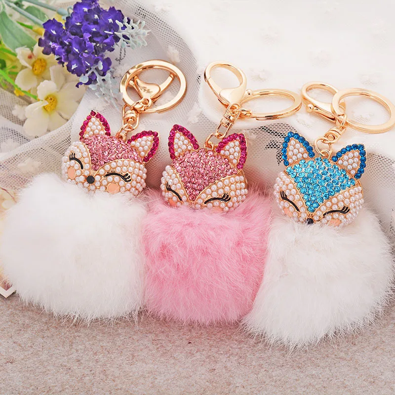 

Fox Faux Rabbit Fur Alloy Crystal Fine Keychain Fashion Bag Ornaments Car Accessories Pendant Keyring Women Girl Trinket Jewelry