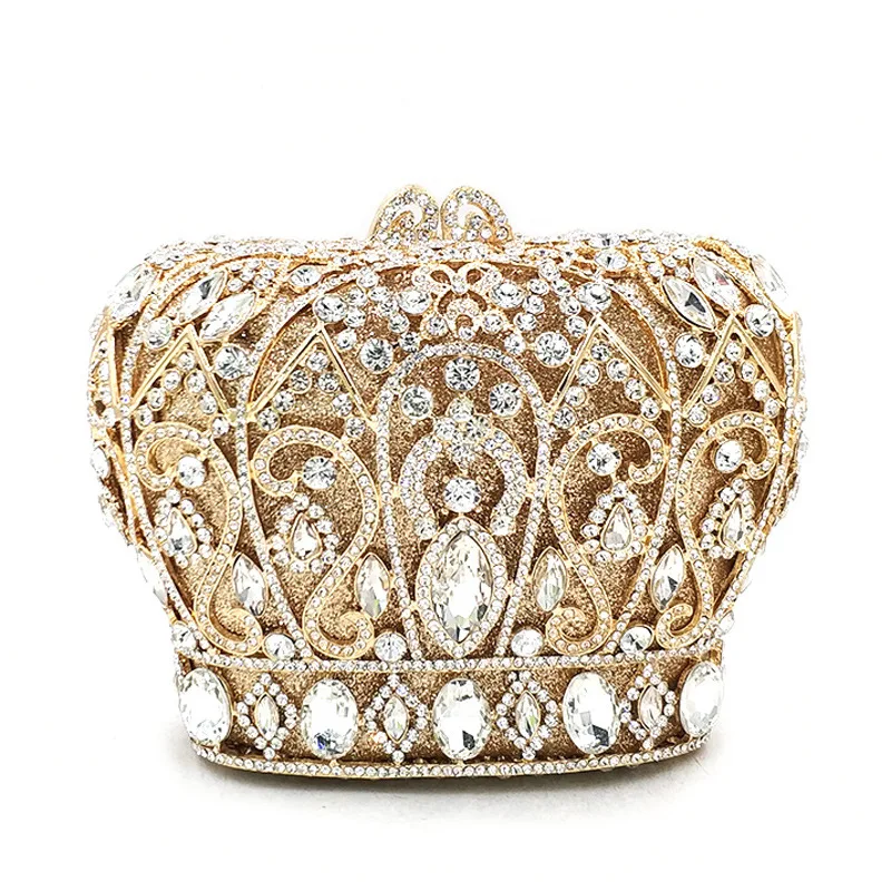 

XIYUAN Brand White Crystal Crown Shape Women Wedding Bridal Clutch Fashion Ladies Silver Metal Diamond Dinner Party Handbags