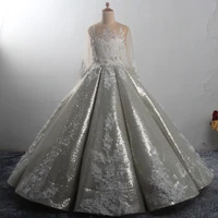long sleeves silver sequins flower girl dress for wedding lace appliques holy first communion dress