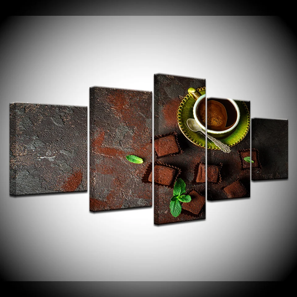 

Modular Canvas Printing Pictures 5 Pieces Coffee Green Leaves And Desserts Chocolates Painting Kitchen Decor Restaurant Wall Art