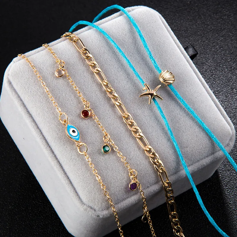 

New Starfish Shell Eyes Color Rhinestone Tassel 5pcs Set Ankle Bracelet Foot Beach Anklets Women Fashion Barefoot Chain Jewelry