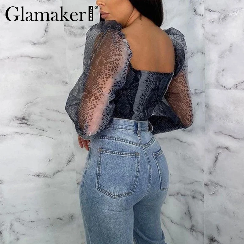 Прозрачная блузка Glamaker из органзы с принтом в виде животного рукавами-фонариками