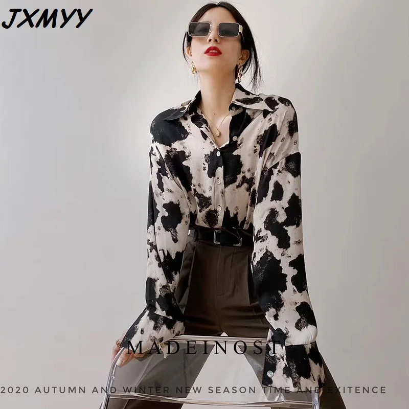 

2021 Cow print button shirt women long-sleeved top Korean fashion clothes chiffon streetwear plus size spring new style JXMYY