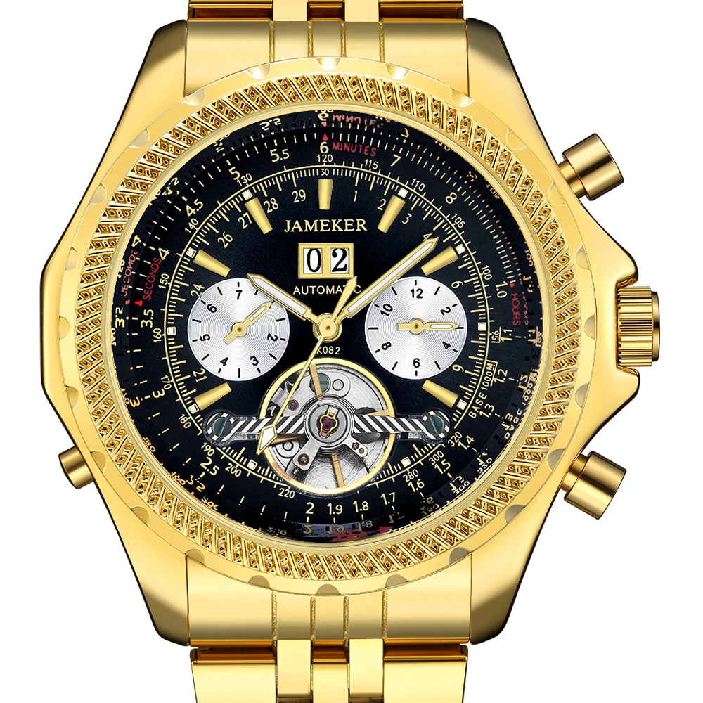 Мужские механические часы Jameker Classic Tourbillon золотые автоматические наручные с большим циферблатом из