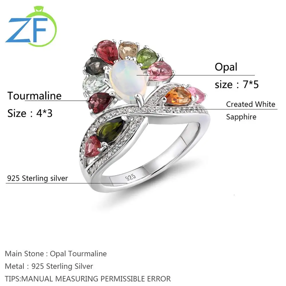 

GZ ZONGFA New Arrival Natural Opals Tourmaline Gem 925 Sterling Silver Rings Women Silver Jewelry