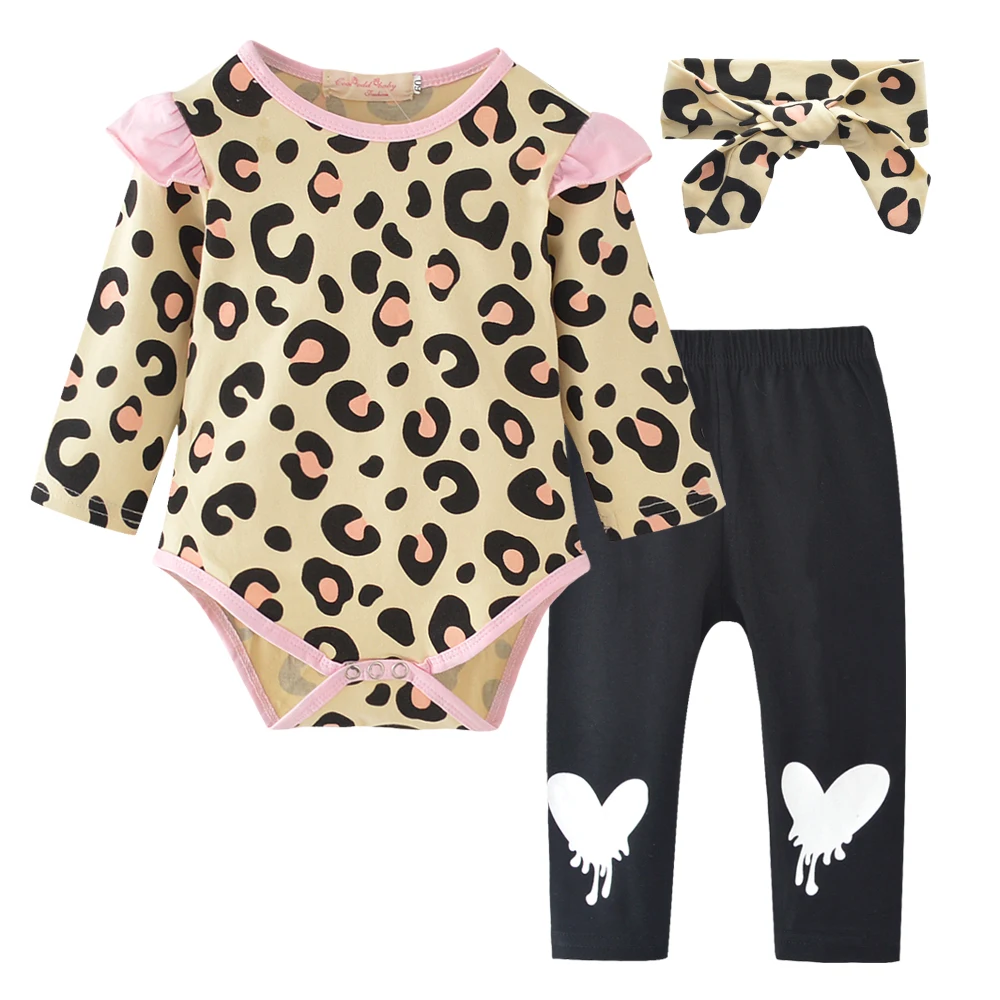Newborn Baby Girl Clothes Set Fashion Cotton Leopard Print Long Sleeved Romper Top+pants+Headband Toddler Infant 3pcs | Детская одежда