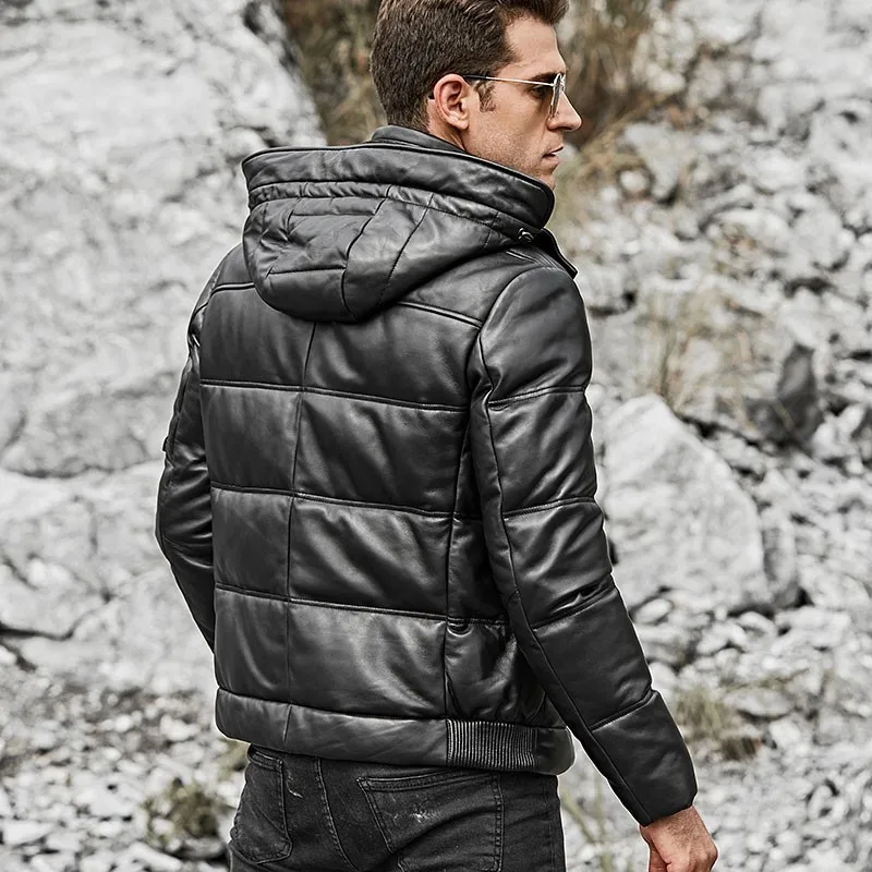 

Autumn Winter New Genuine Leather Mens Short Hodded Down Coats Casual Hat Detachable Thick Warm Male Outerwear Coats Plus Size