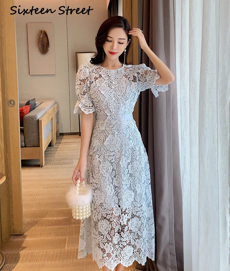

Blue Lace Dress Woman Summer Puff Sleeve Hollow Out Vestido Runway Design Mid-calf Dresses Female Short Sleeve Party