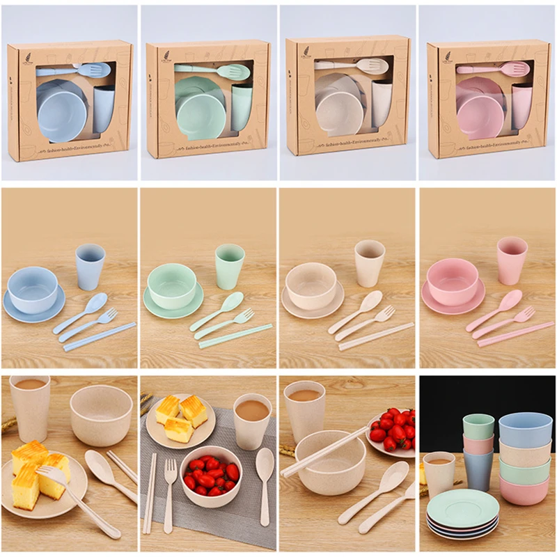 

6pcs/Set Wheat Straw Tableware Set Cutlery Baby Children Dishware Simple Dishes Salad Bowl Steak Plate Reusable Dinnerware Kit
