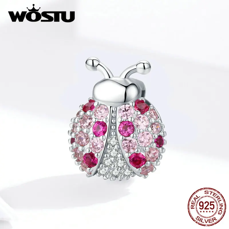 WOSTU, 925 пробы, серебряные бусины «божья коровка», розовый циркон, шарм, подходит к оригинальному браслету и браслету, хорошее серебро, 925 ювелирные изделия CQX104
