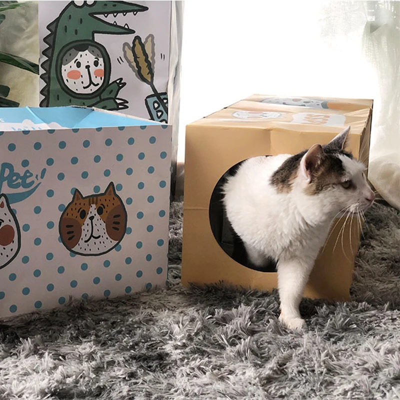 Кошачий туннель крафт бумажный мешок Складные 2 отверстия милый дизайн