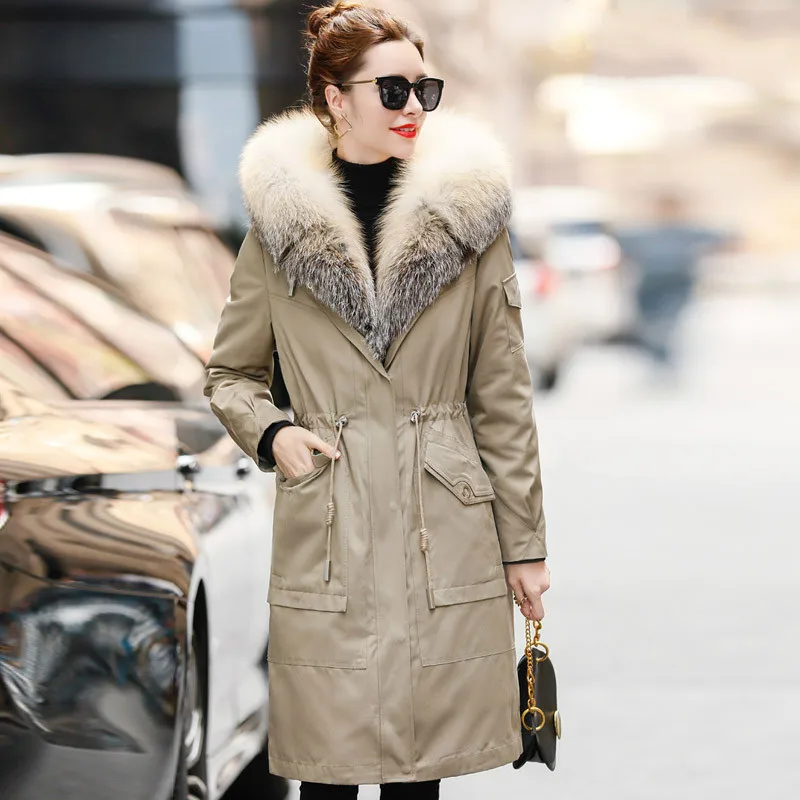 Fashion Fox Hooded Elegant Mink Fur Shearling Parka Women Long Winter Jacket Zipper Coat Clothes