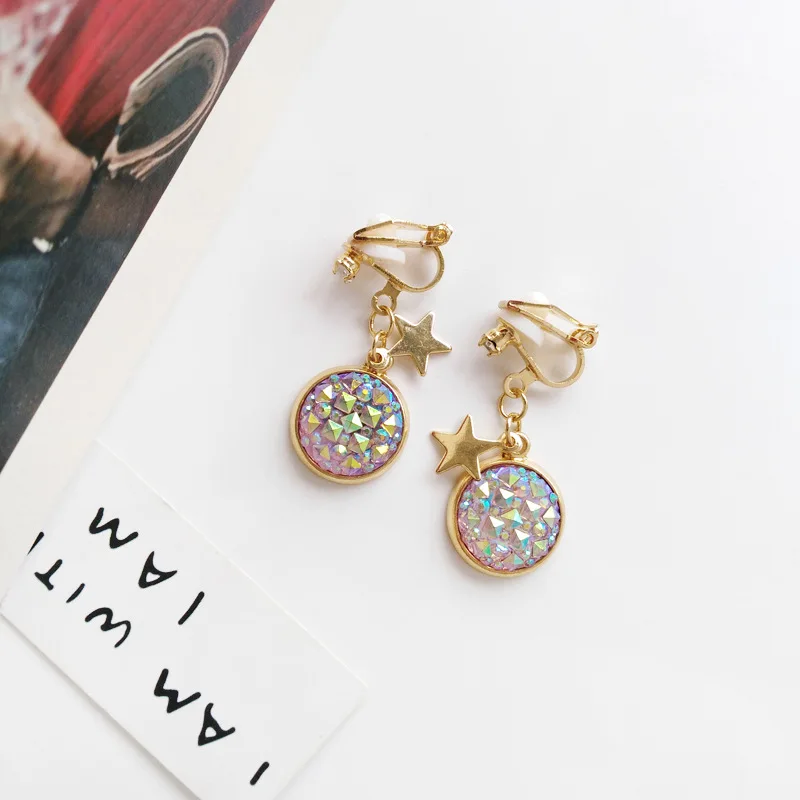 Simple Rhombic Star Resin Round Disc Clip Earrings Women Shinny Bright Purple Stone Clip on Earrings No Pierced Hole