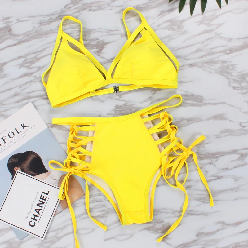 

2021 New Lace Up Sexy Hollow Out Bikinis For Women Swimsuits Summer Swimwear High Waist Tanknis Femme Beachwear Bathing Suit Hot