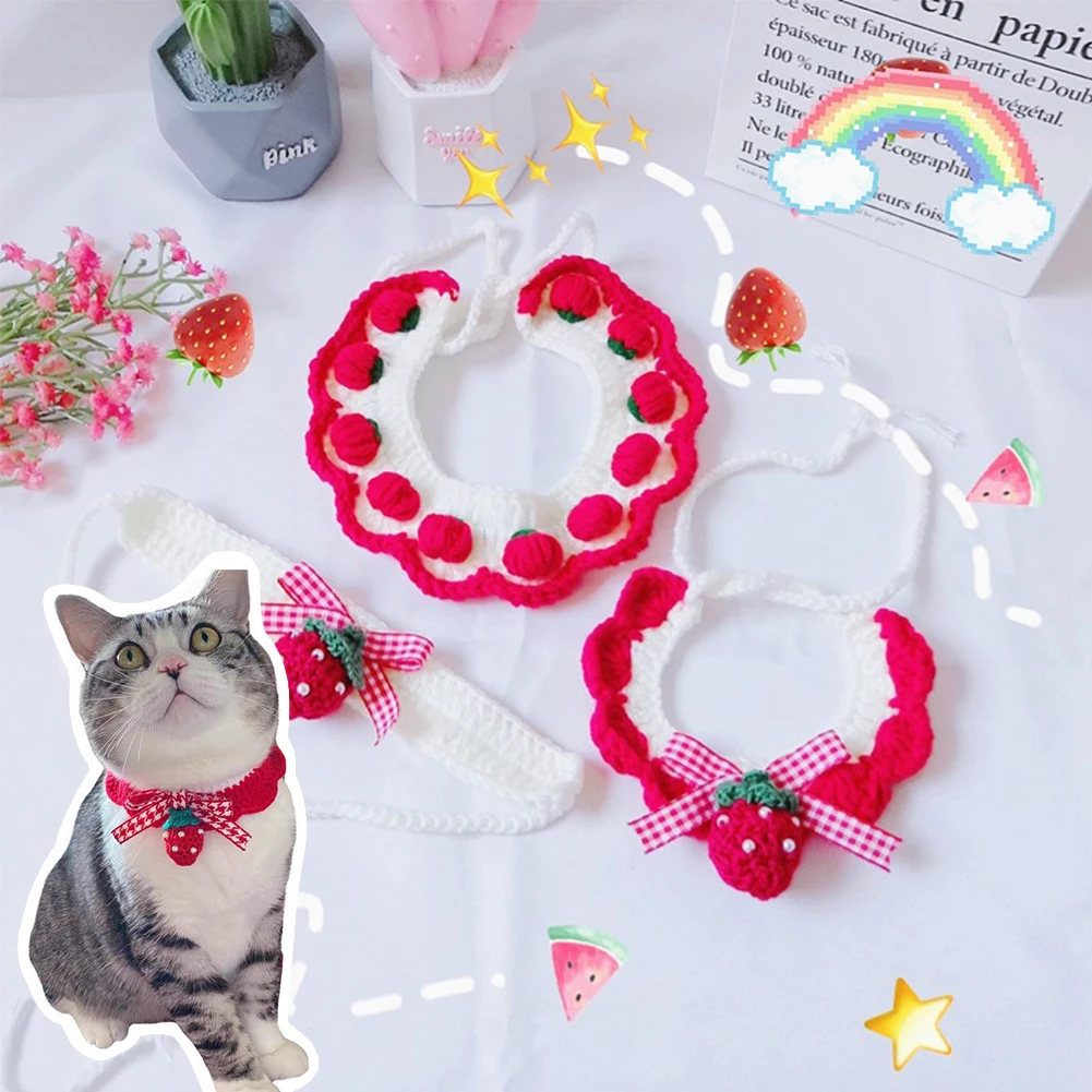 

New Cute Strawberry Crochet Cat Collar Woolen Dog Bandana Bowknot Pet Necklace Manual Kitty Scarf Hot Hand-woven Cat Accessories