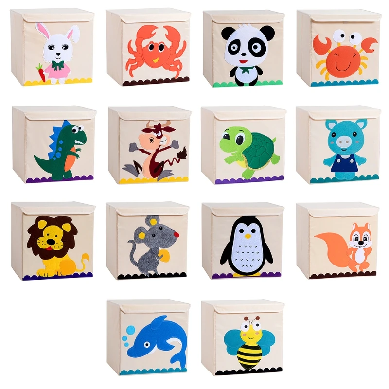 

1PC Cartoon Animal Pattern Storage Box With Flip Lid Linen Foldable Toy Laundry Organizer for Baby Toddler 11.8x13.6inch
