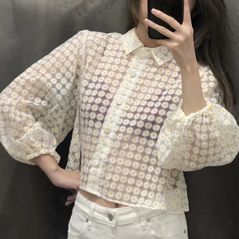 Винтажная рубашка с отворотом и длинным рукавом прозрачная принтом блузка топы