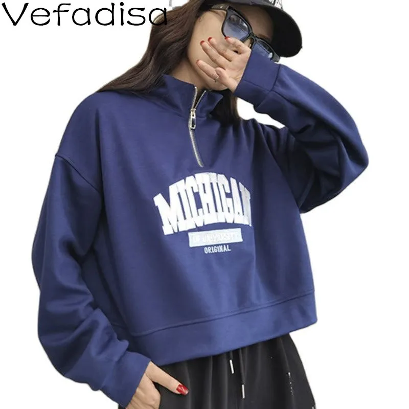 

Vefadisa Fashion Autumn Letter Print Short Sweatshirt Women 2021 Zipper Stand Collar Personalized Female Pullover Coat QYF6261