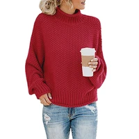 ladies fashion high neck long sleeve sweater womens autumnwinter loose knitted casual clothes solid color pure cotton top