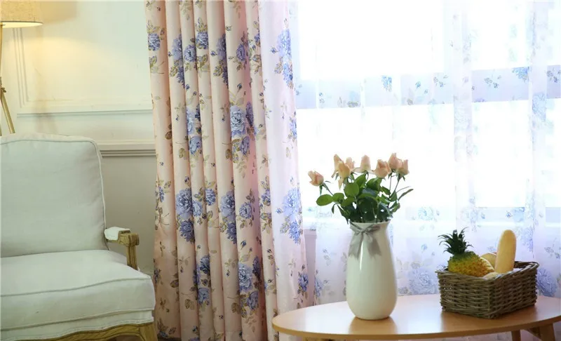 Blue Floral Curtain For Living Room Luxury Semi Blind Drape Window Panel Fabric Curtain For Bedroom Shading Pink Sheer HM386*30