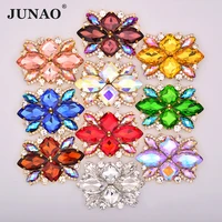 junao 5067mm colorful large glass rhinestones brooch gold base flower corsage sew on crystal applique for dress decoration