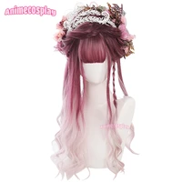 animecosplay 60cm wine red gradient light pink lolita wigs women long curly mixed color synthetic cosplay hair with flat bangs