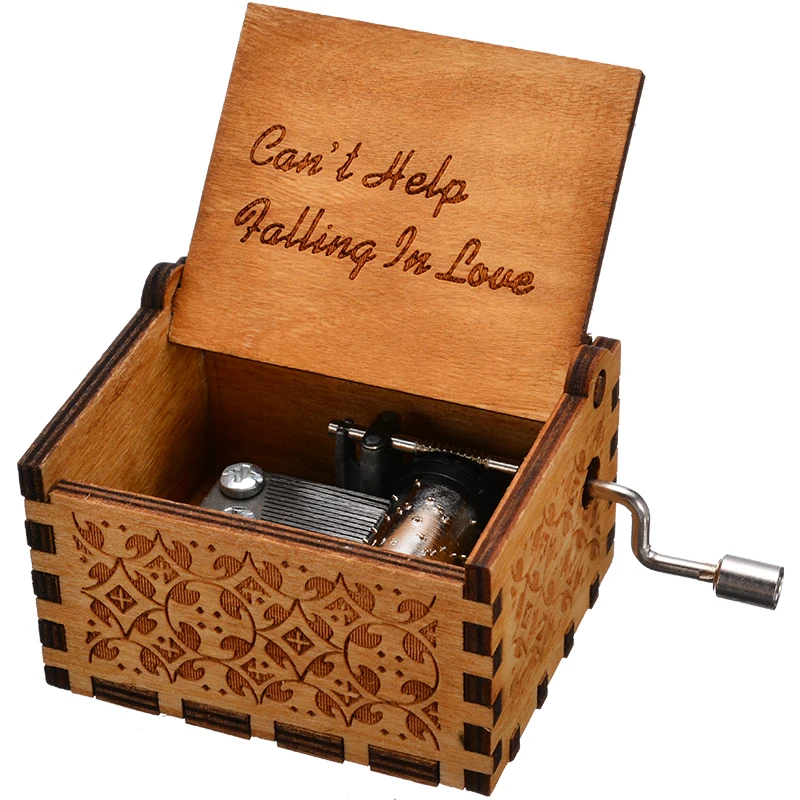 

New Wooden Music Box "Can't Help Falling in Love" Antique Engraved Musical Case Toys Kids Gifts Birthday Present Vintage