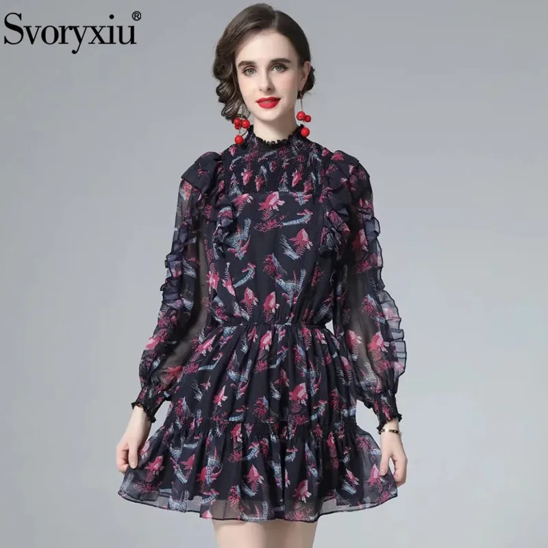 

Женское Короткое платье Svoryxiu, элегантное короткое платье в стиле ретро с воротником-стойкой, оборками и геометрическим рисунком, приталенн...