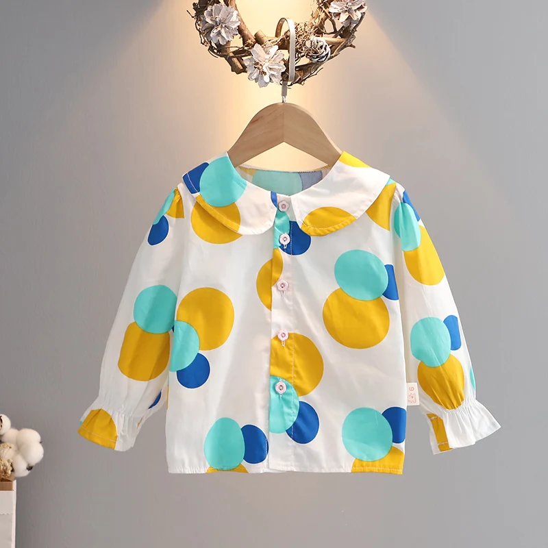 

Блузки для девочек, одежда, детские весенние Рубашки с расклешенными рукавами, футболки для младенцев с принтом, топы, детская хлопковая руб...