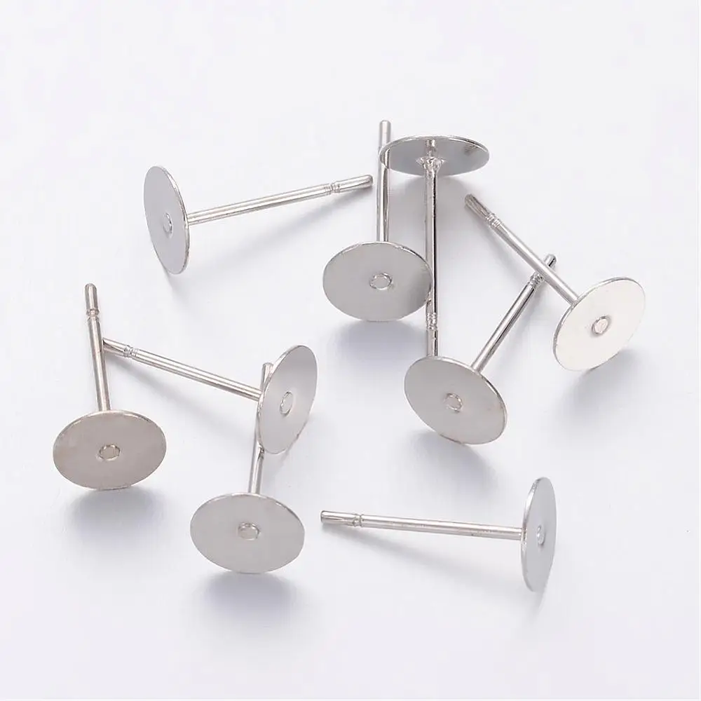 

50 Pc Stud Earring Settings, Brass Head and Stainless Steel Pin, Lead Free, Platinum, Tray: 6mm; 12mm; Pin: 0.7mm