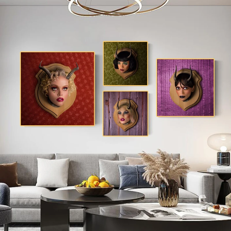 Абстрактная фигурка женская голова дьявола Рог плакаты женщина выражение печать