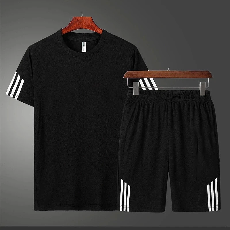 

2021 new sportswear simple men's running gym two piece quick drying clothes ice thin casual stripe short sleeve summer