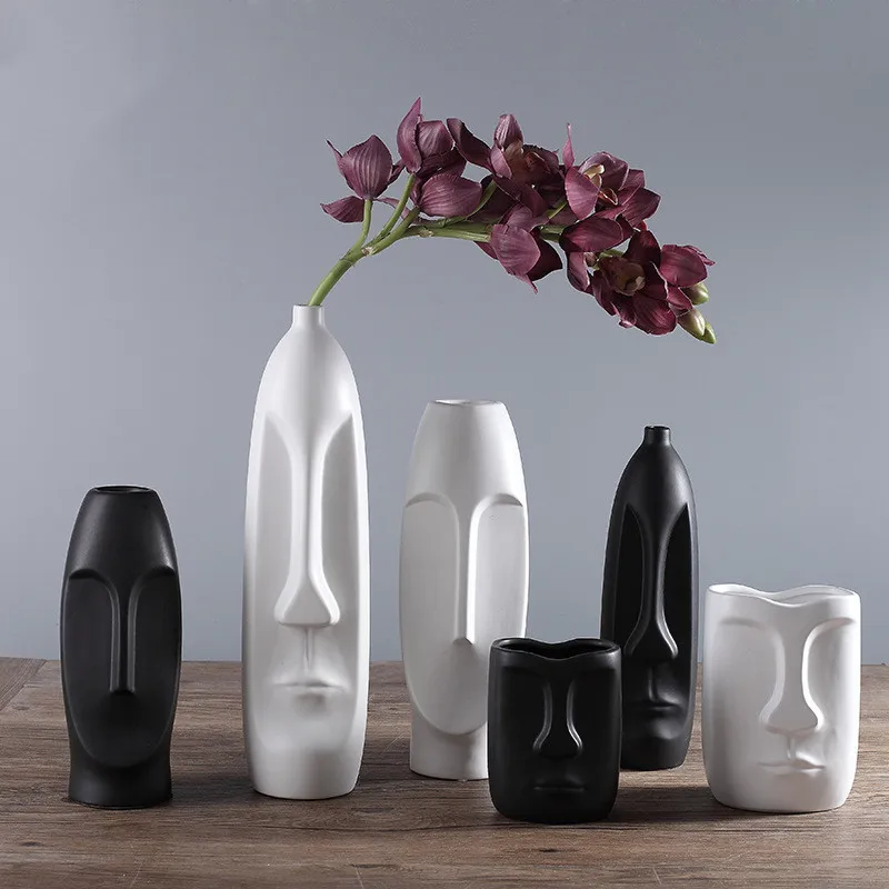 

Nordic Minimalist Ceramic Abstract Vase Black and White Human Face Creative Display Room Decorative Figue Head Shape Vase