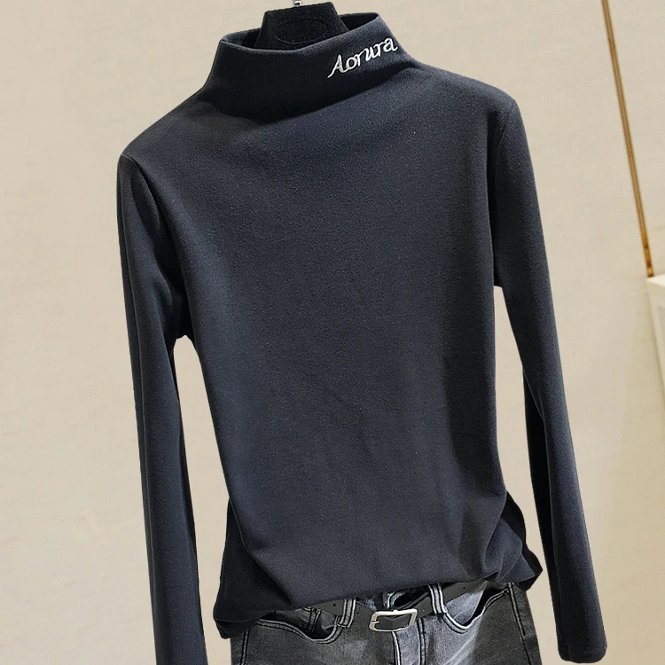 Футболка женская осенне зимняя с высоким воротником и вышивкой|Футболки| |