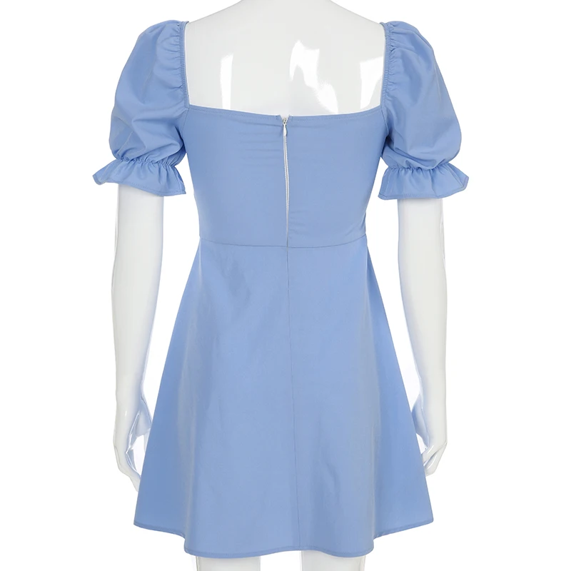 

HIGAREDA Elegant Vintage Dress Women Flare Lantern Short Sleeve Pleated Dresses Ladies Loose High Waist Short Dress Summer