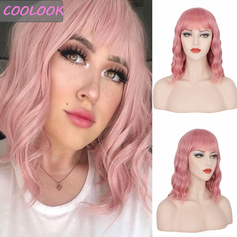 

Short Pink Wavy Wig with Bangs 14inch Synthetic Bob Wave Wigs for Black Women Heat Resistant Fibre False Hair Cosplay Lolita Wig