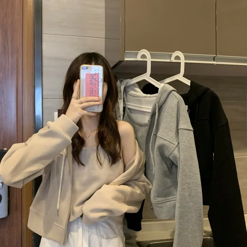 

Jackets Women Trendy Leisure Spring Autumn Korean Style Elegant Coats Solid Outerwear Chic Soft Cropped Zip-up Female Clothes