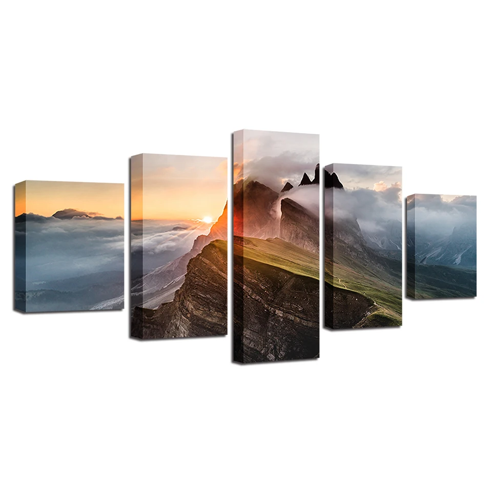 

Wall Art Poster Modular Canvas Pictures 5 Pieces Mountain Sunrise Sunshine Psychedelic Scenery Painting Decor Home Modern Prints