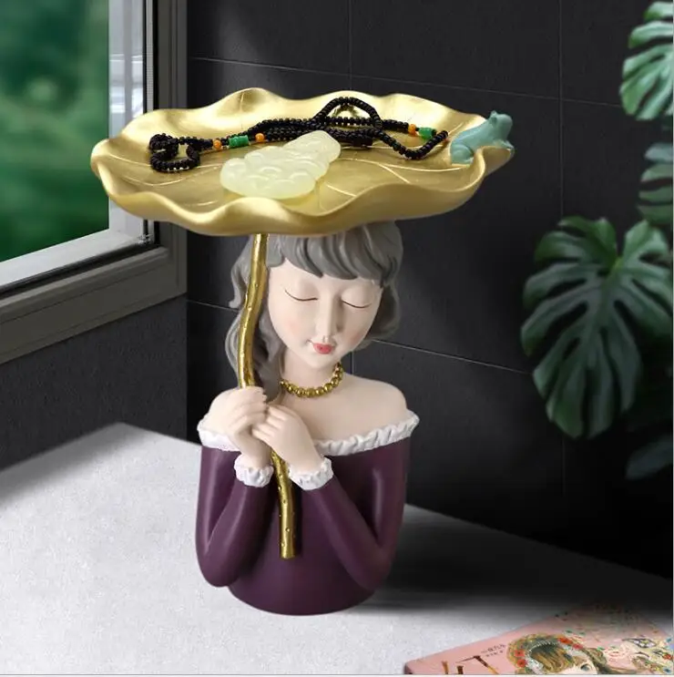 Chinese Lotus Leaf Girl Storage Tray Resin Statues Home Livingroom Box Figurines Crafts Store Clubs Table Sculpture Decoration | Дом и сад