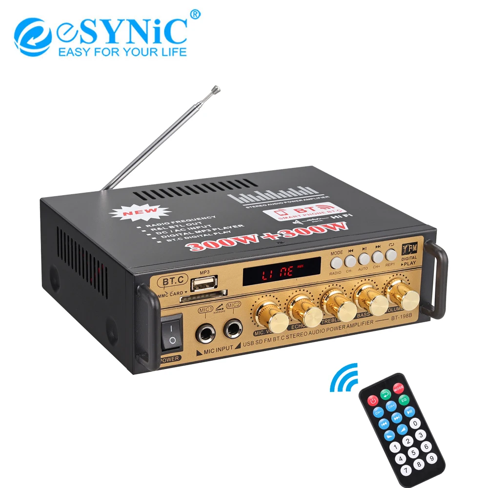 

eSYNiC Audio Power Stereo Amplifier for BT-198B Blue-compatible Home Audio Amp 2 Channel Sound Audio Stereo fpr MP3/SD Readers